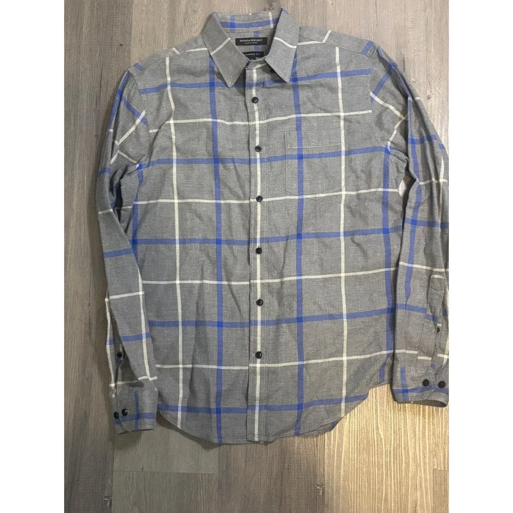 Banana Republic Luxe Flannel Shirt Mens Medium Camden Plaid Gray Long Sleeve